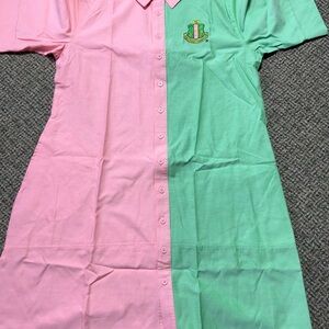 AKA Ivy Storehouse Pink and Green Chambray Button-Up Dress, Womens Large, New